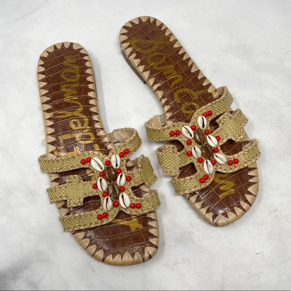 Sam Edelman Bradie Woven Raffia Shell Beaded Slide Sandals Bohemian Boho Hippie